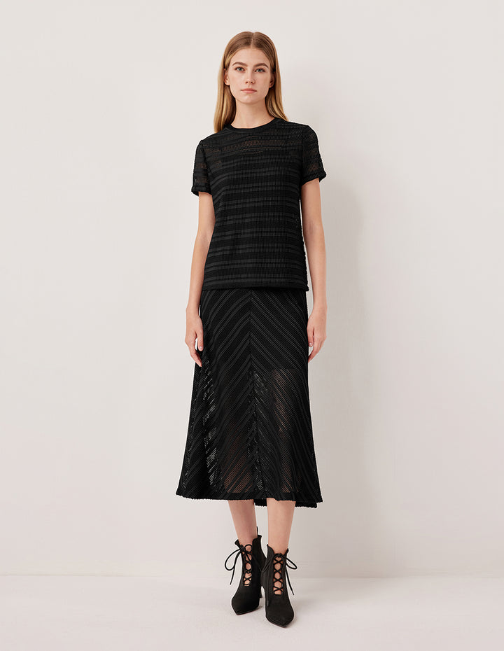 MARYLING Black Diagonal Texture Sheer Pleated Knit Knee-Length Skirt