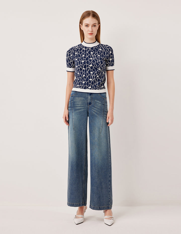 MARYLING Ruffled Half-Turtleneck Short-Sleeved Glass Bead Print Knit Pullover