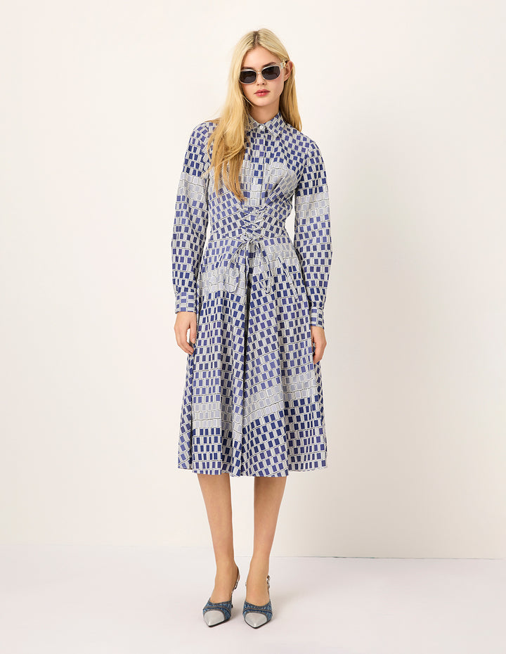 MARYLING Check-patchwork Plaid Tie-Waist Pleated Midi Shirt Dress
