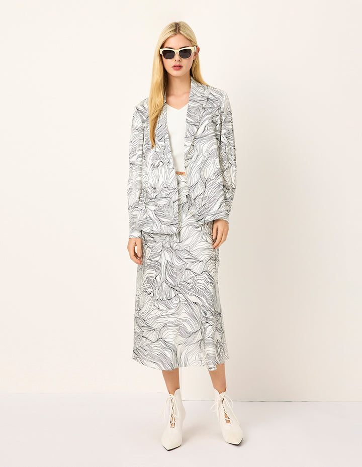 MARYLING Black & White Floral-Print Silk Mermaid Knee-Length Skirt