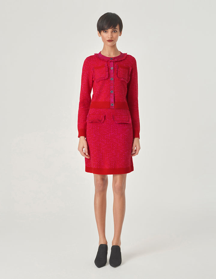 MARYLING Berry Red Crew Neck Knitted Cardigan