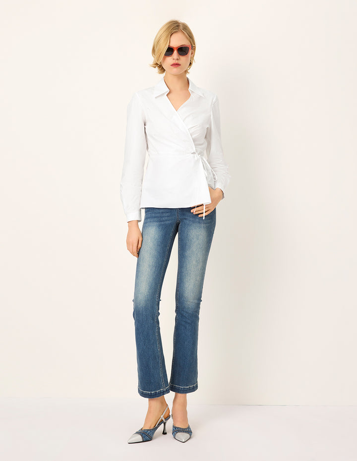 MARYLING V-Neck Long-Sleeve Asymmetric-Waist Wrap Blouse