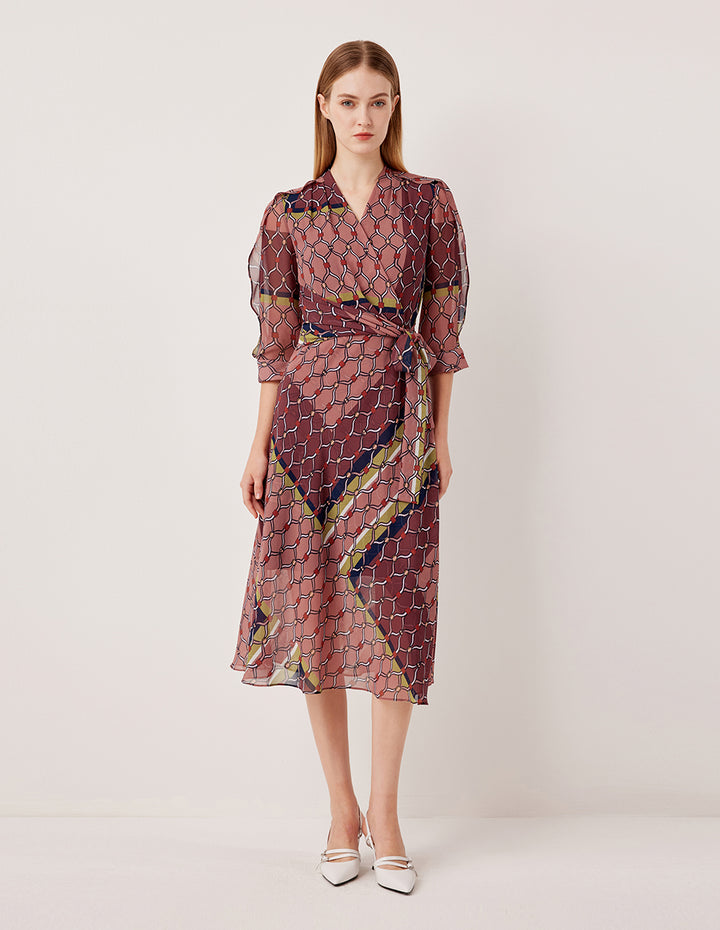MARYLING V-Neck 3/4 Sleeve Wrap Midi Dress with Geometric Print
