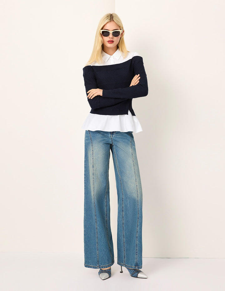 MARYLING Knitted Patchwork Long-Sleeve Knit Blouse