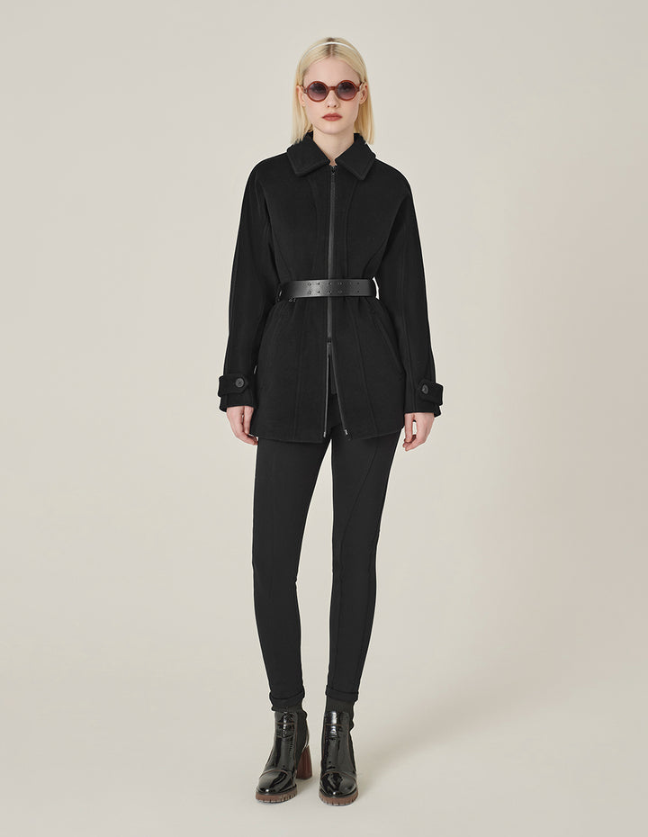 MARYLING Black Lapel Zipper Design Belted Double-Faced Coat