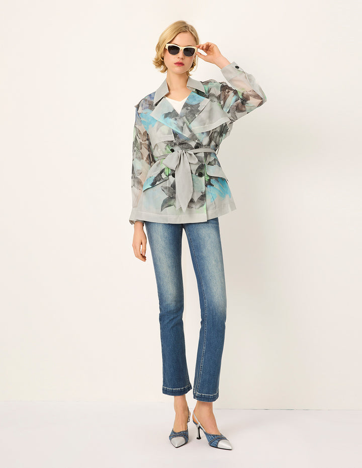 MARYLING Peaked Lapel Collar Oil Painting Tie-Waist Mid-Length Windbreaker