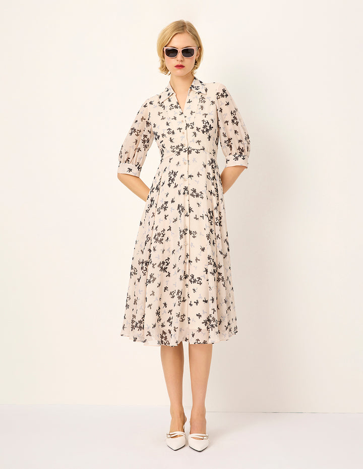 MARYLING Palm Tree Print Short Sleeve Pleated Midi Dress