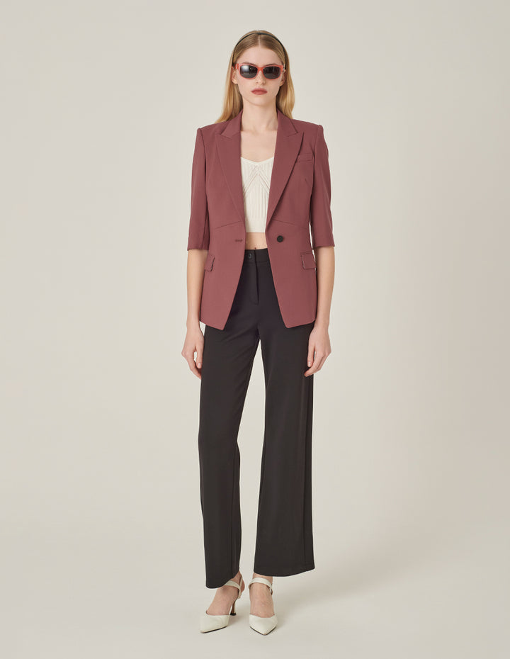 MARYLING Brick Red Peaked Lapel 3/4 Sleeve Single-Breasted Blazer