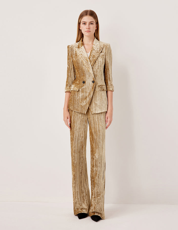 MARYLING Peak Lapel Double-Breasted 3/4 Sleeve Golden Velvet Blazer