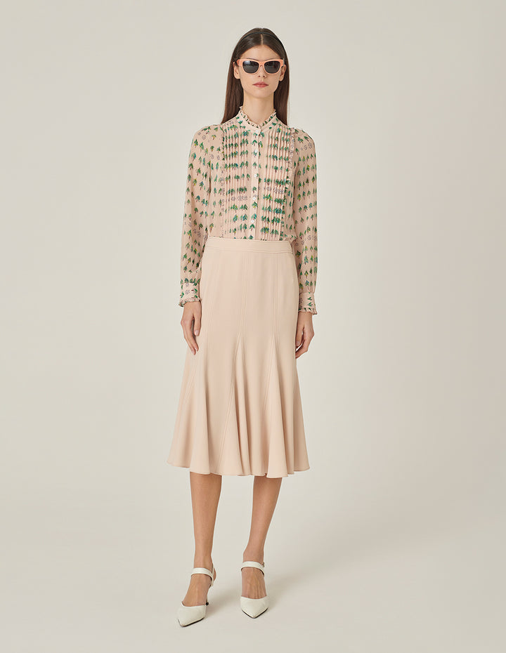 MARYLING Small Stand Collar Ruffle Tree-Printed Top