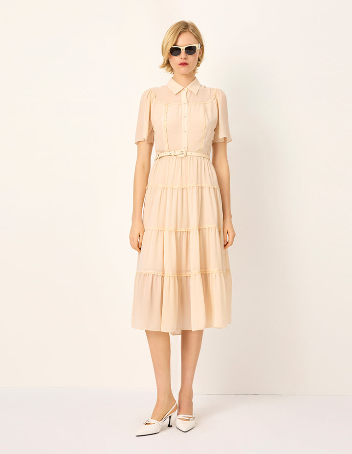 MARYLING Lapel Short Sleeve Ruffle Trim Pleated Tiered Silk Midi Shirt Dress