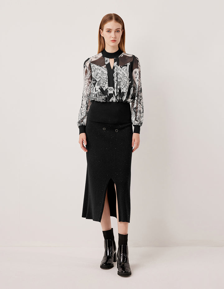 MARYLING High-Waisted Ribbed Wool Midi Skirt with Double Buttons