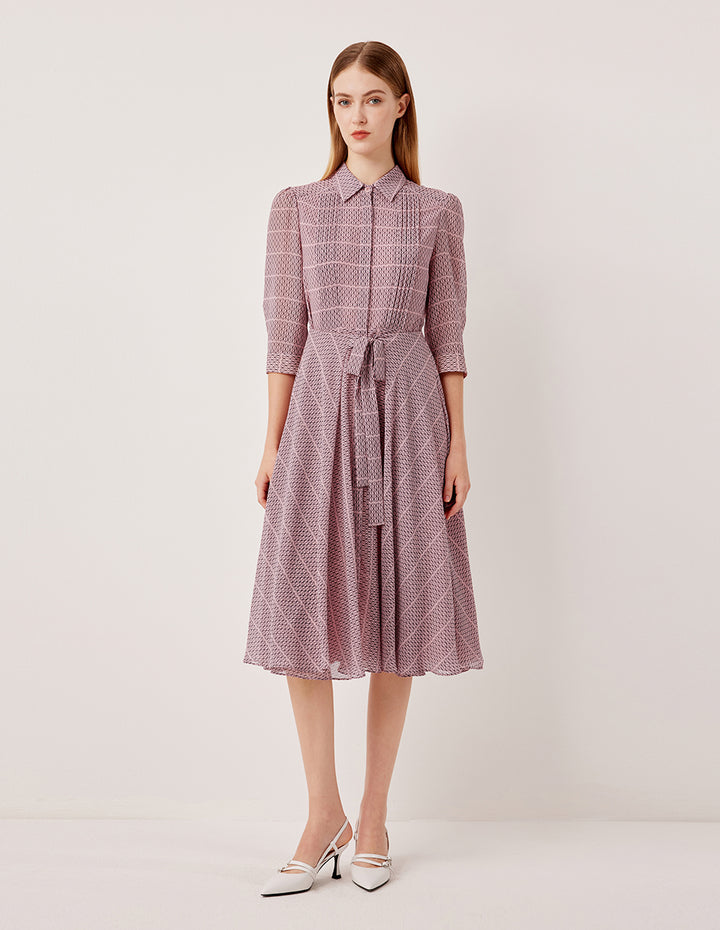 MARYLING Lapel Puff Long-Sleeve Pin Tuck Plaid with Tie Belt Pleated Midi Shirt Dress
