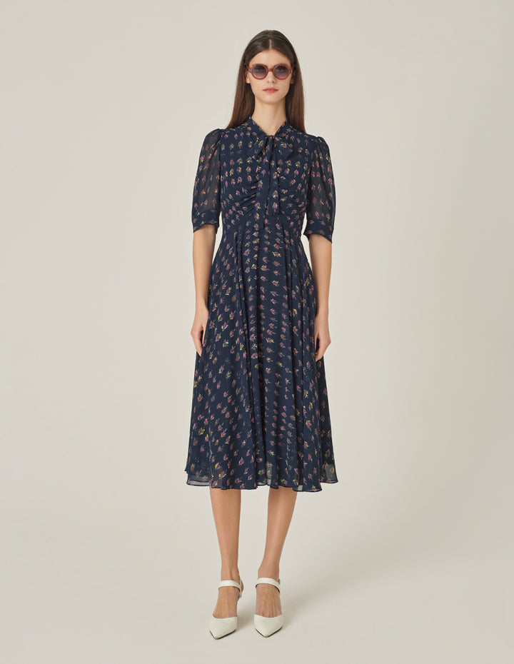 MARYLING V-Neck Ribbon Tree-Printed Blue Dress