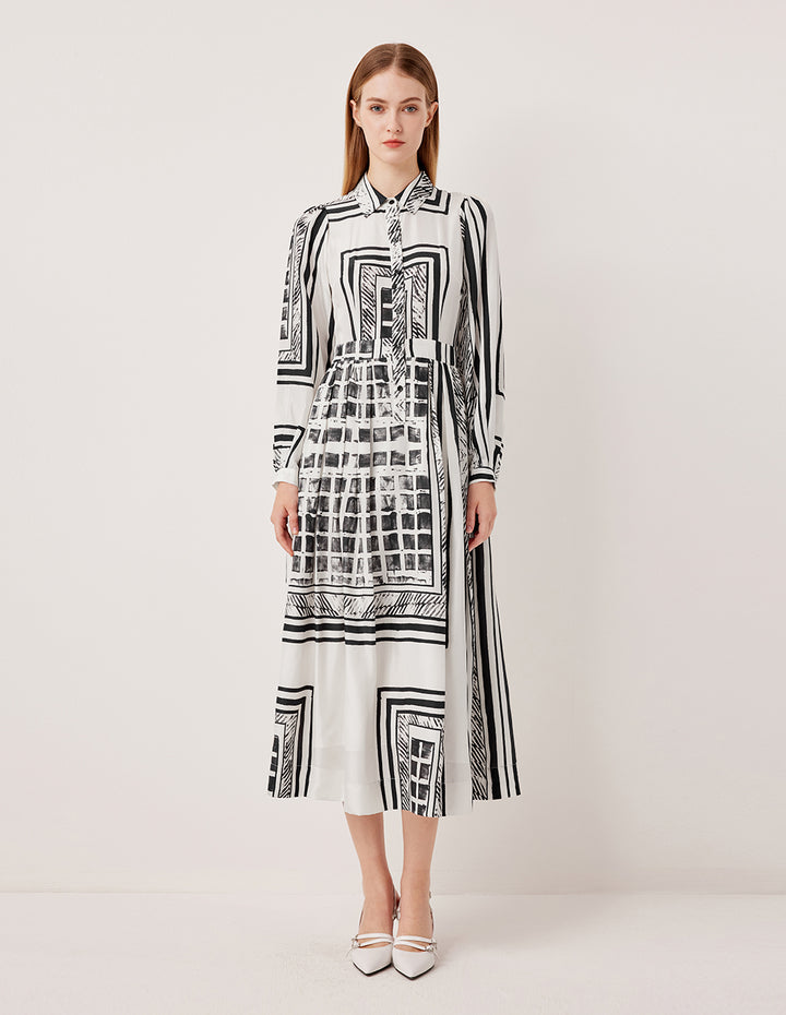 MARYLING Bubble Long Sleeve Black & White Printed Midi Shirt Dress