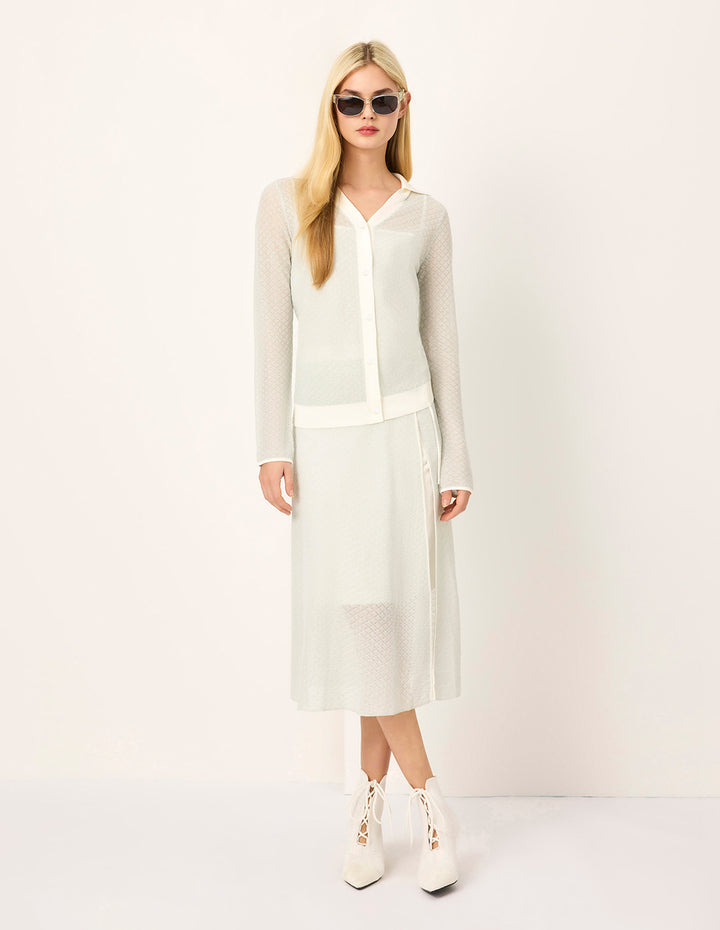 MARYLING Lapel Long Sleeve White Stripe-Trimmed Knitted Cardigan