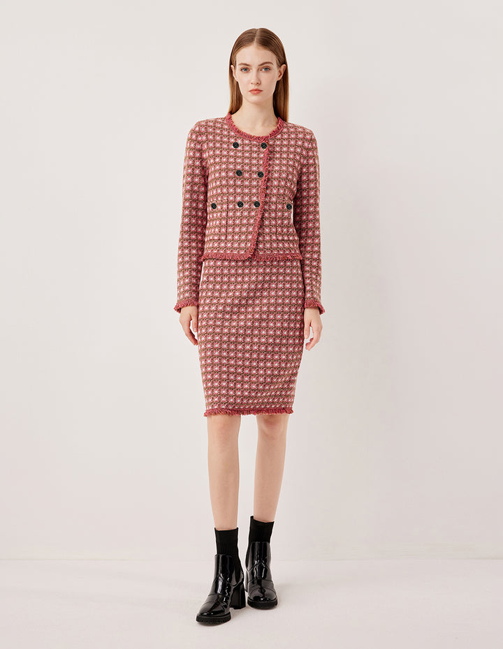 MARYLING Plaid Knit Pencil Skirt with Fringe Hem