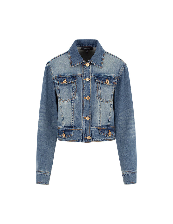 MARYLING Blue Denim Long-Sleeve Cropped Jacket