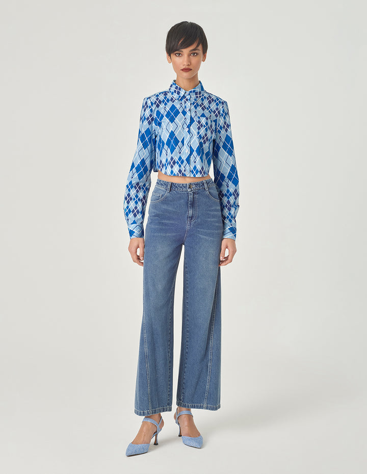 MARYLING Blue And White Plaid Shirt Collar Round Hem Blouse