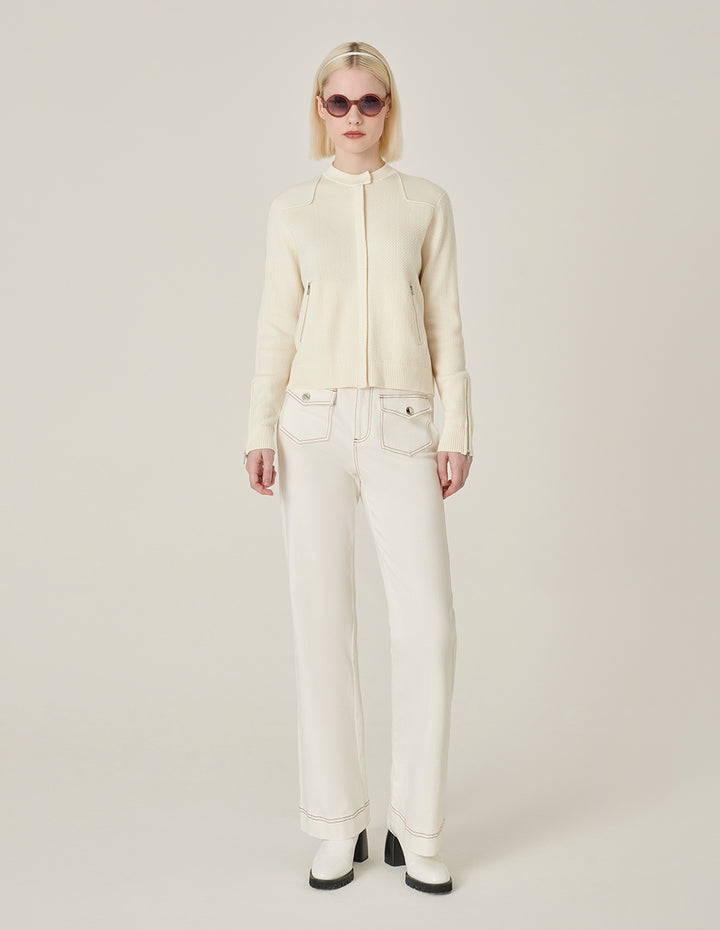 MARYLING White Round Neck Long-Sleeve Zipper Knit Cardigan