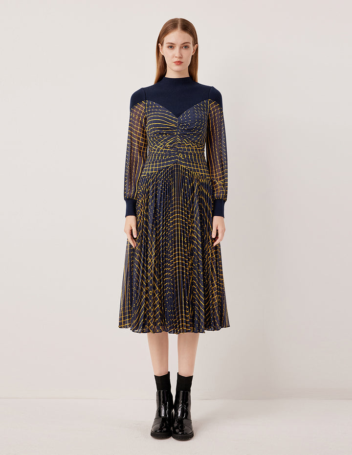 MARYLING Round Neck Knit Patchwork Plaid Pleated Midi Dress