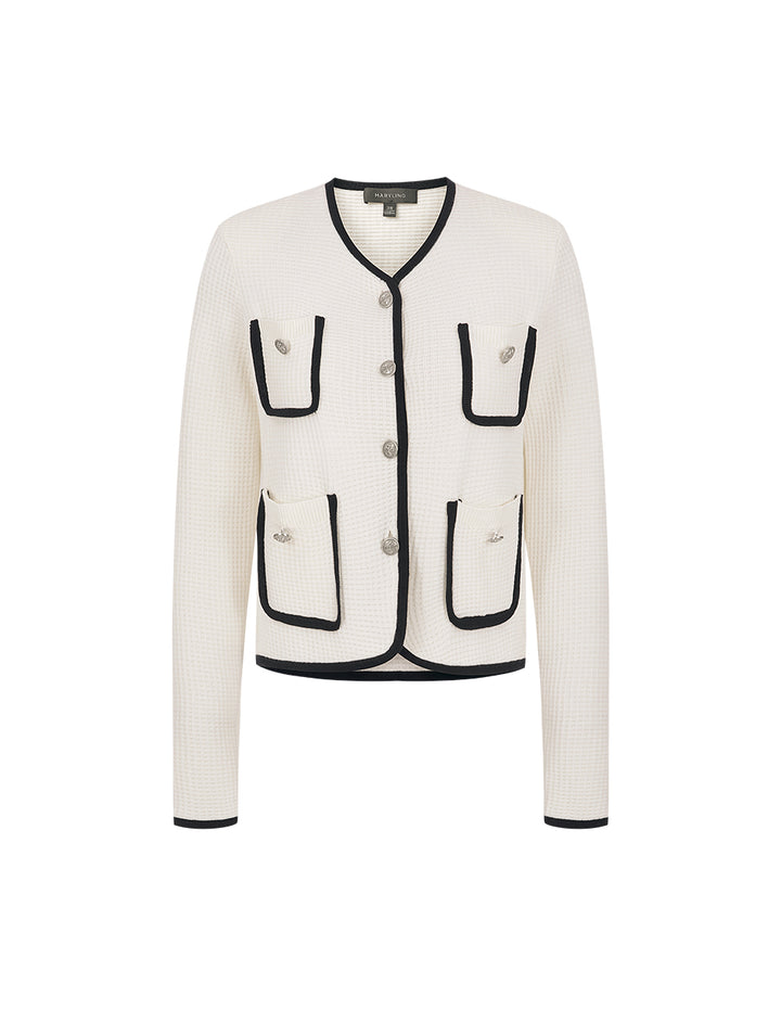 MARYLING White Contrast Pocket Knitted Cardigan