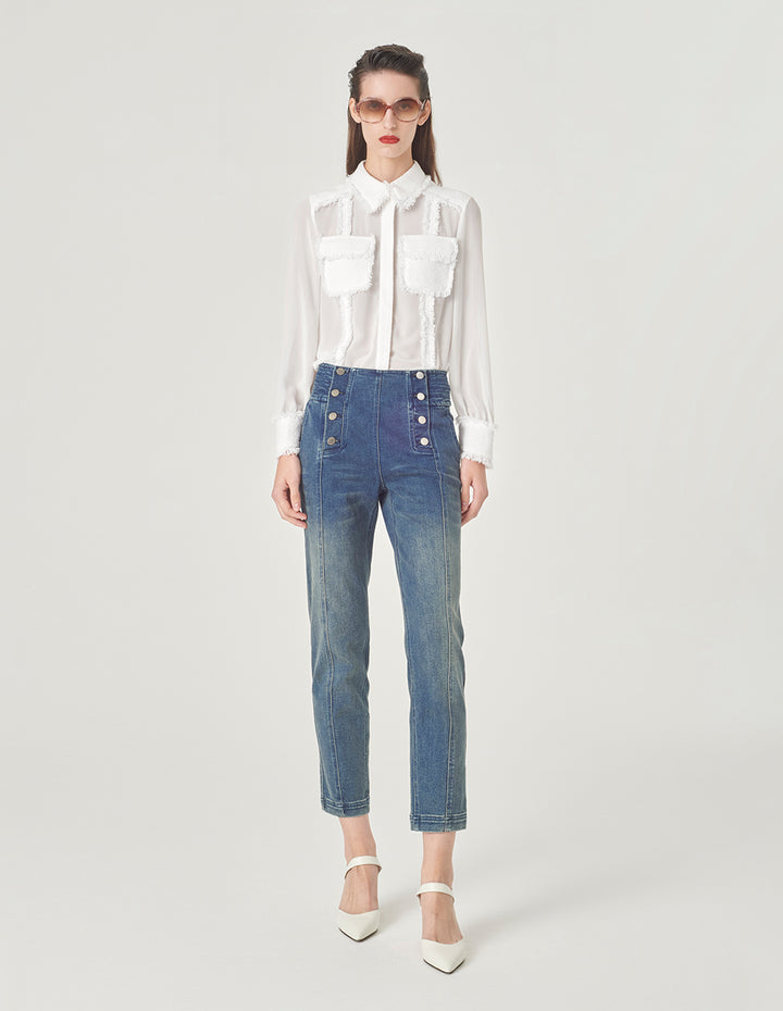 MARYLING White Frayed Edge Georgette Shirt Collar Blouse