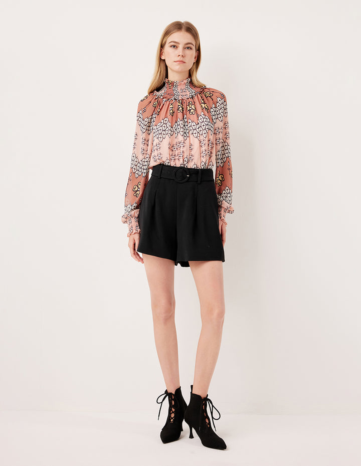 MARYLING Ruffle Turtleneck Long-Sleeve Floral Print Blouse