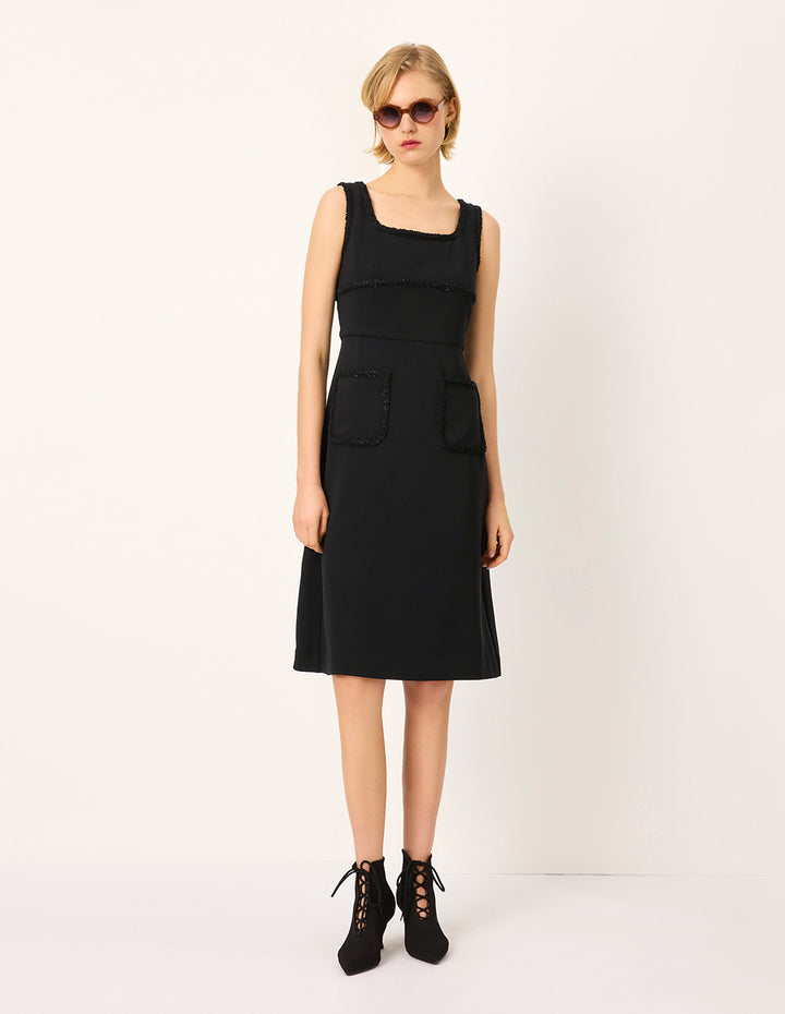 MARYLING Square Neck Sleeveless Tweed-Trim Midi Shift Dress