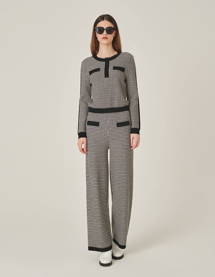 MARYLING Black And White Houndstooth Knitted Straight Wide-Leg Pants