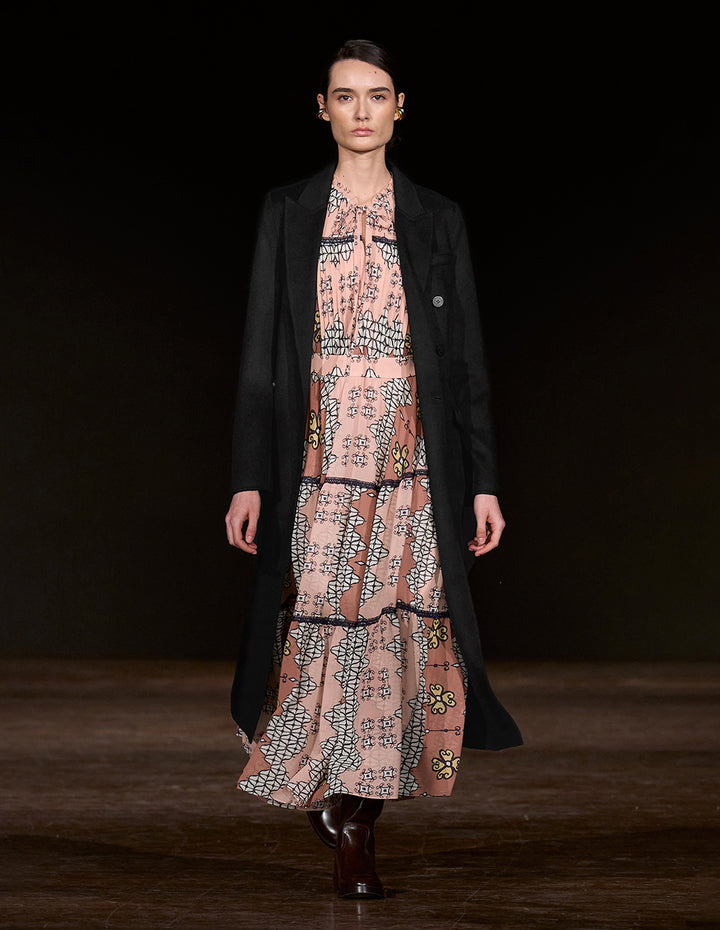 MARYLING Notched Lapel Structured Shoulder H-Line Double-Breasted Black Long Cashmere Coat