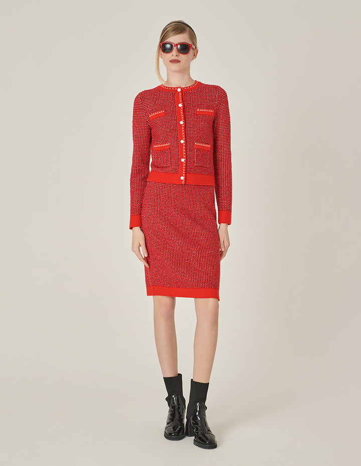 MARYLING Red Crewneck Four Pocket Knit Cardigan