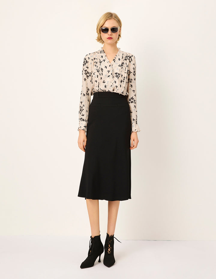 MARYLING V-Neck Long-Sleeve Leaf-Print Silk Blouse