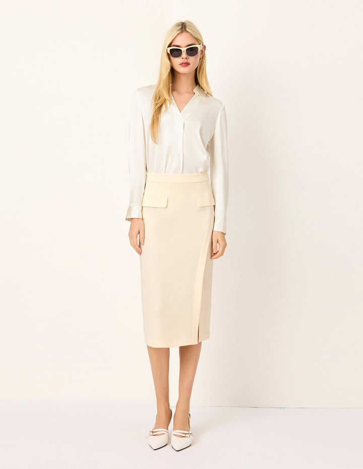 MARYLING Cream  Straight Knee-Length Slit Skirt