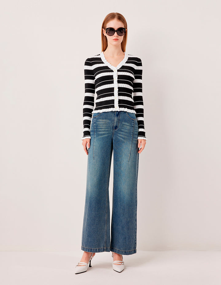 MARYLING V-neck Long-Sleeve Pleated Black And White Striped Contrast knitted cardigan