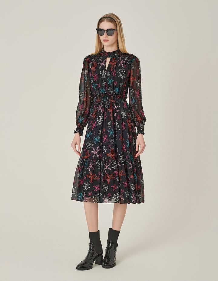 MARYLING Ruffle Collar Cutout Printed Long Sleeve Pleated Midi Dress