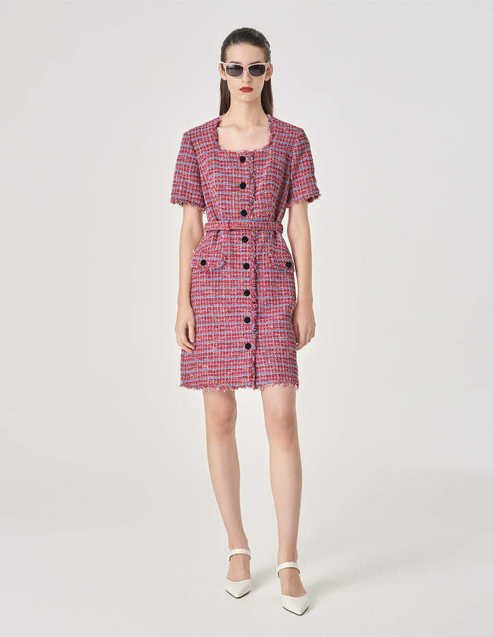 MARYLING Powder Blue Plaid Tweed Short-Sleeved Dress