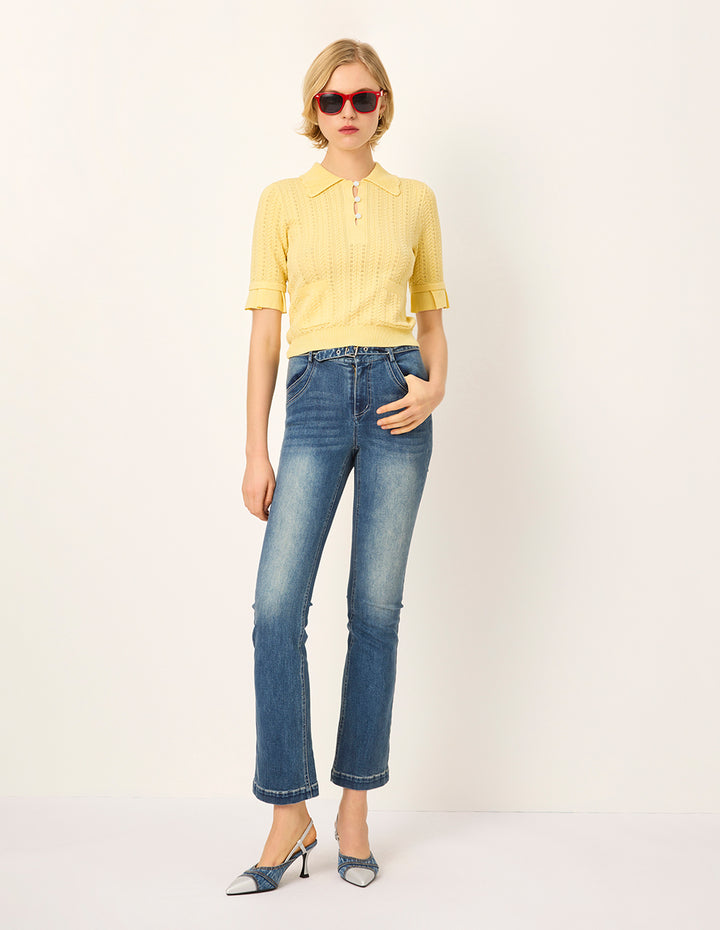 MARYLING Collared Short-Sleeve Silk Rib Knit Sweater