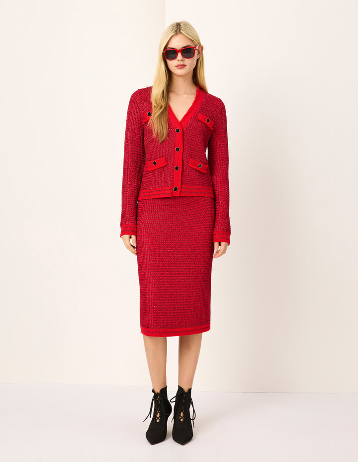MARYLING Bright Red Mutil-Pockets Cropped Knit Cardigan