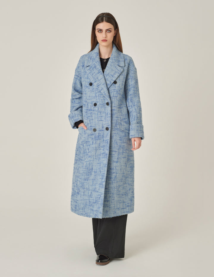 MARYLING Blue Loose Double-Breasted Long Tweed Wool Coat
