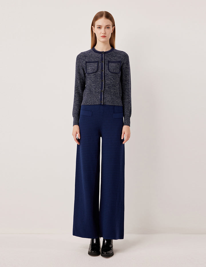 MARYLING Round Neck Ribbed Variegated Blue Wool Cardigan