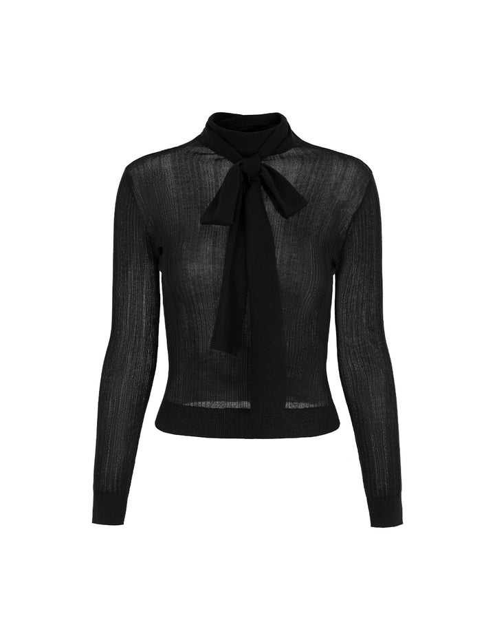 MARYLING High-Collar Tie-Front Long-Sleeve Fitted Black Thin-Pullover