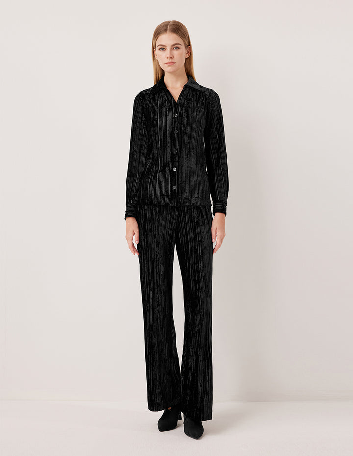 MARYLING Long Sleeve Pin-Tuck Velvet Blouse