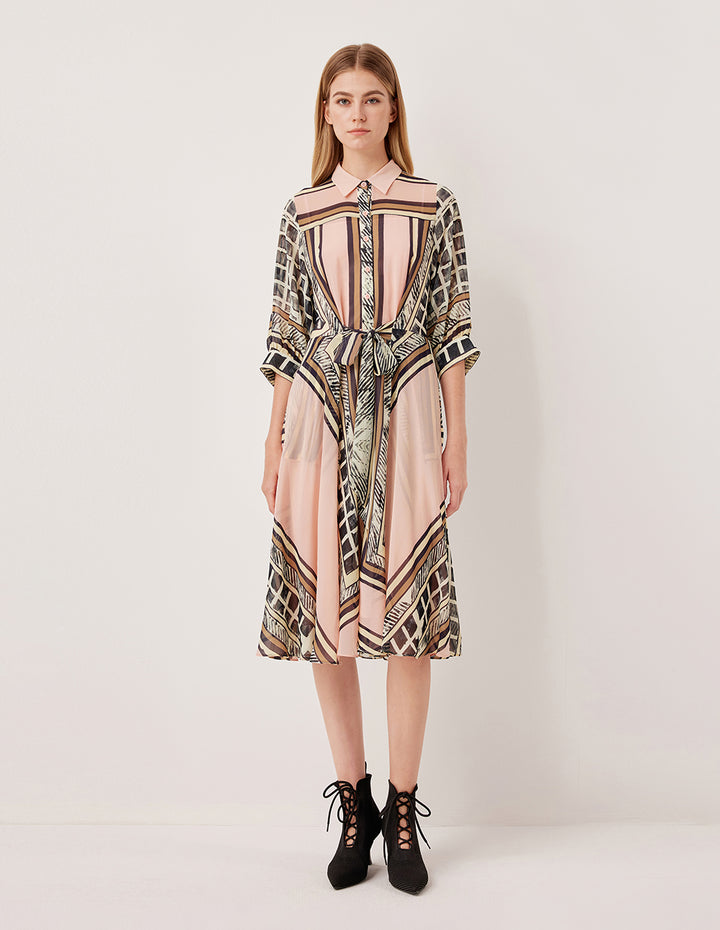 MARYLING Collared Long Sleeve Belted Geometric Print Pleated Midi Shirt Dress