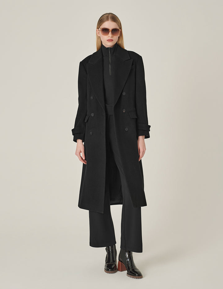 MARYLING Black Notched Lapel Wrap H-Shaped Belted Wool Coat