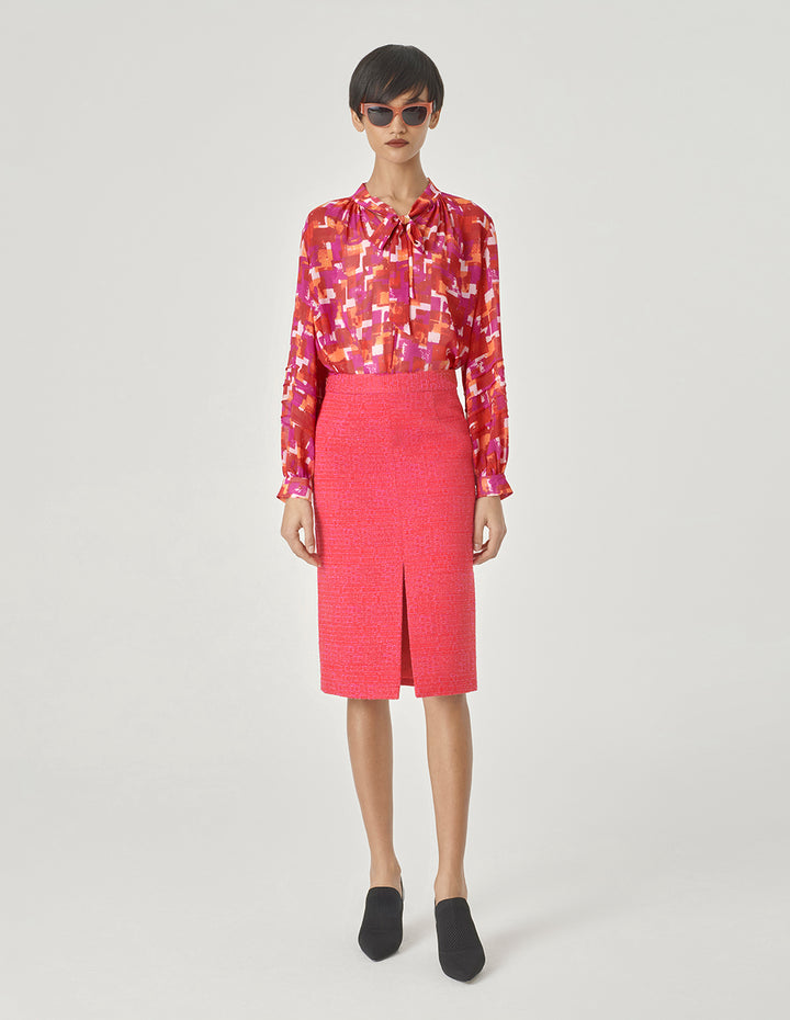 MARYLING Pink Checkered Bow Tie Printed Blouse