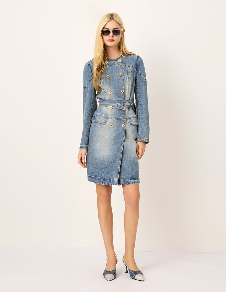 MARYLING Round Neck Long-Sleeve Double-Breasted Tie-Front Denim Dress
