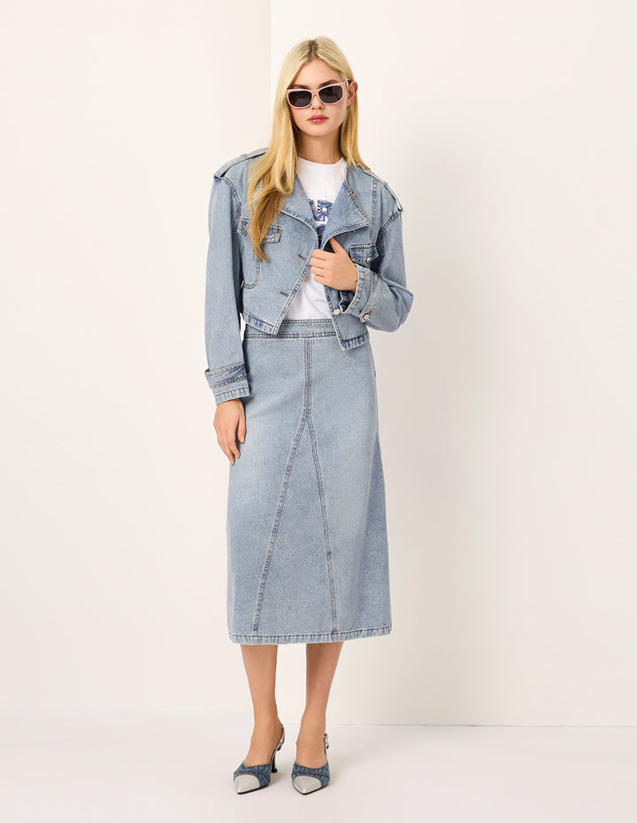 MARYLING Round-Neck Diagonal-Breasted Washed Denim Biker Jacket