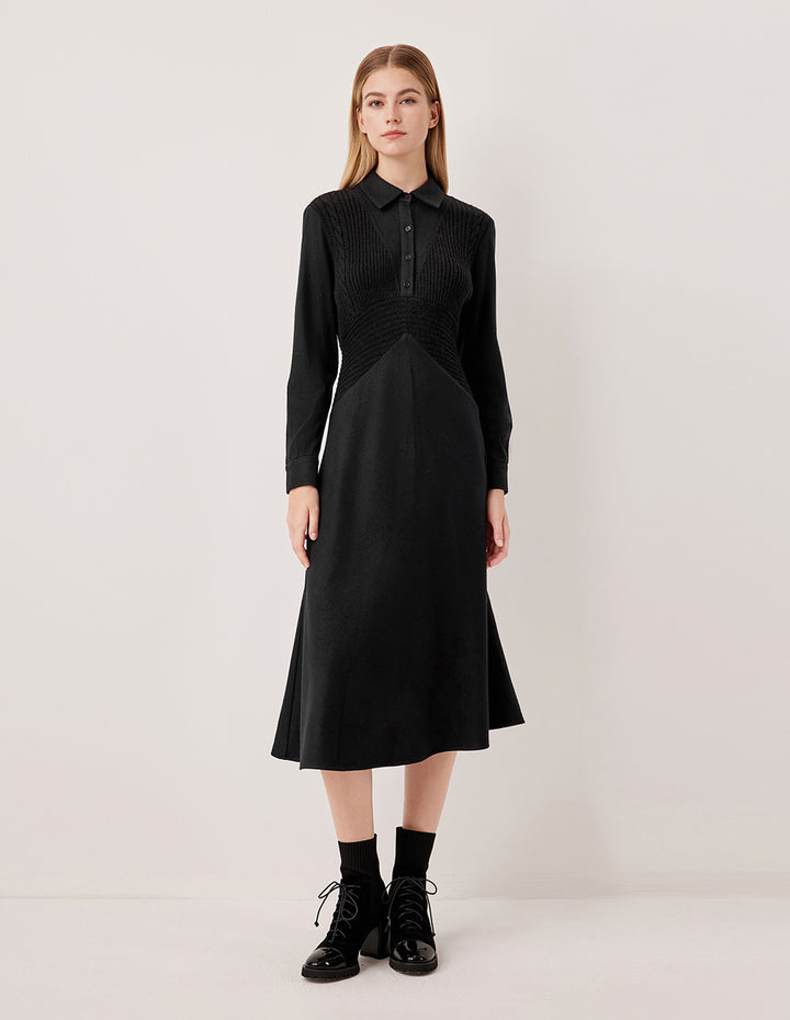 MARYLING Collar Pleated Shirt Dress Patchwork Knit Vest