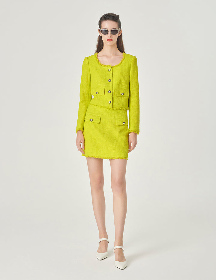 MARYLING Bright Yellow Contrast Button Tweed Skirt